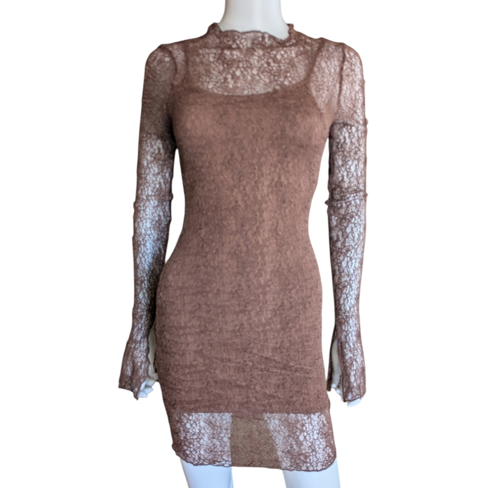 Blonc Brown Lace Long-Sleeve Mini Dress